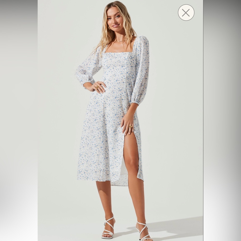 Astr Floral Square-Neck Midi Dress in White and Light Blue